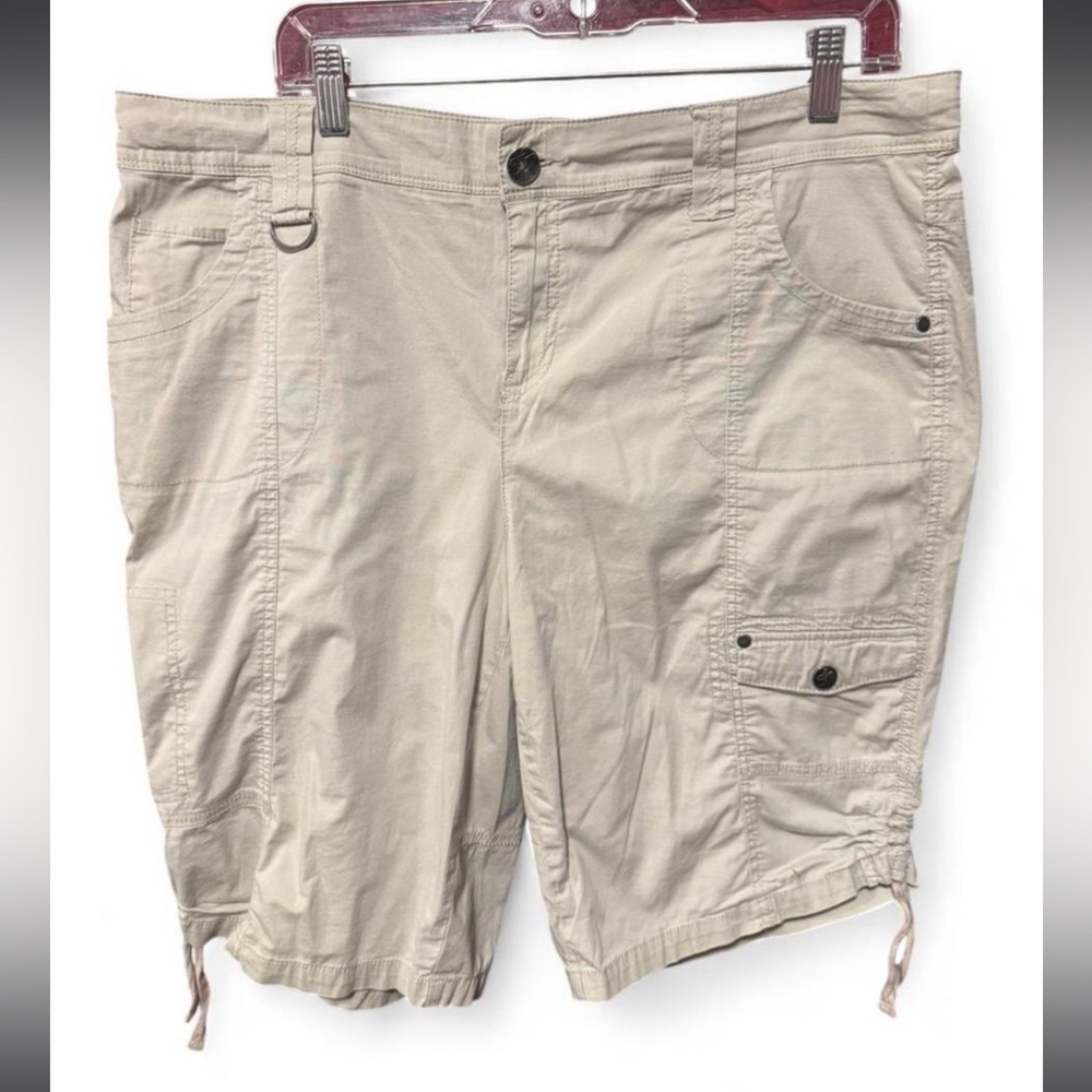 Style & Co. Women's Cargo Bermuda Shorts in a beige/khaki color. Womens 14w